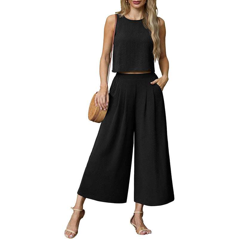 Damen luftiges Zweiteiler-Set mit weitem Hosenbein und ärmellosem Top Heidi-Mode