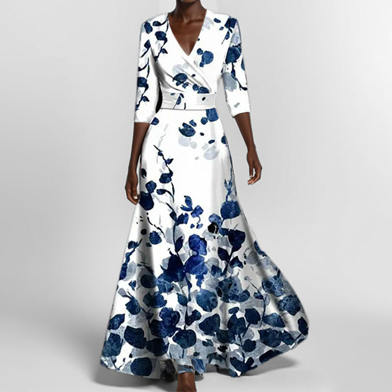 Heidi-Mode | Elegantes V-Ausschnitt Bedrucktes Taillenkleid mit Schößchen