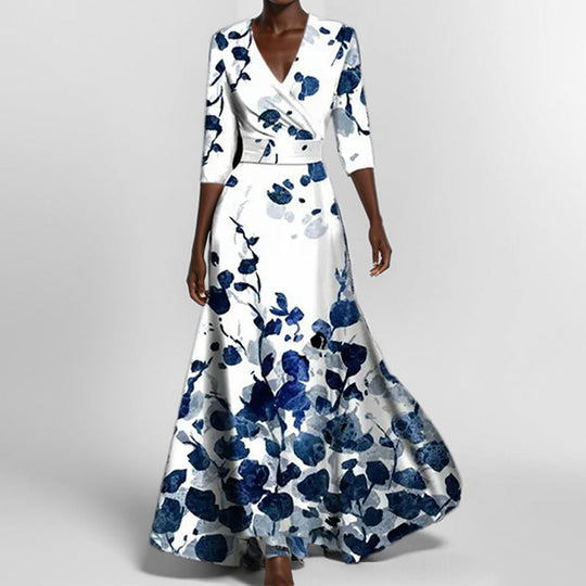 Heidi-Mode | Elegantes V-Ausschnitt Bedrucktes Taillenkleid mit Schößchen