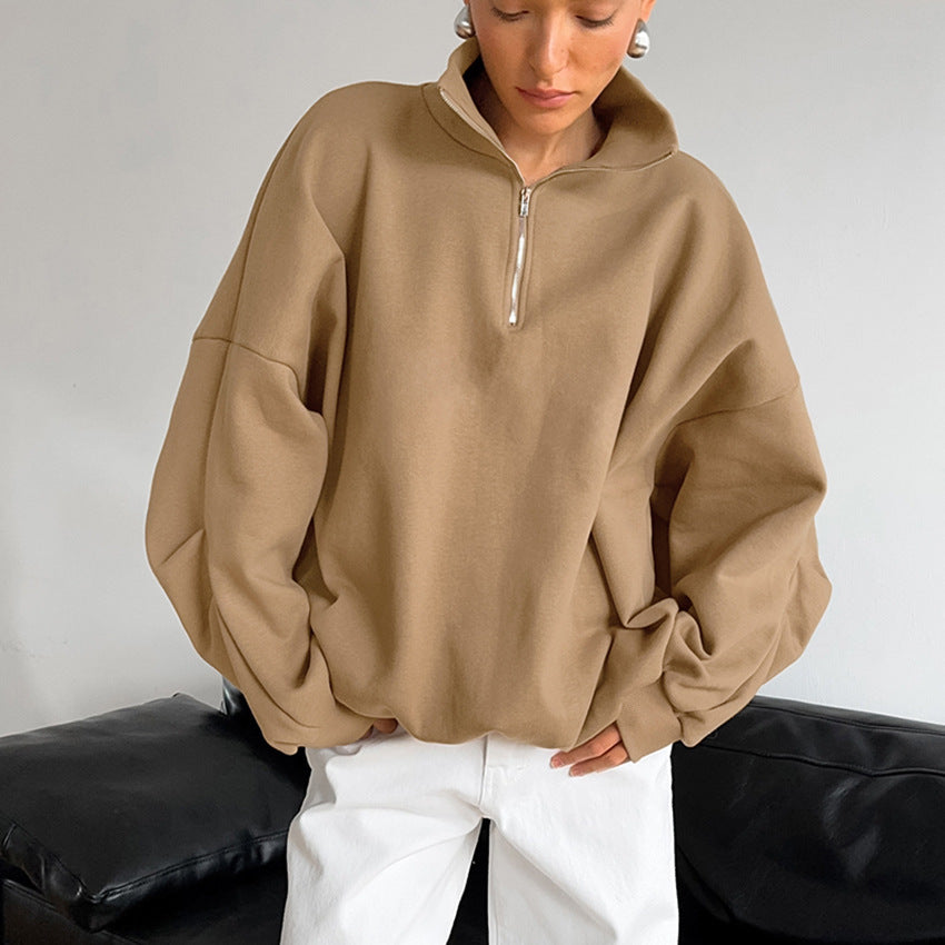 Damen lässiger Oversized Pullover mit Reißverschluss Heidi-Mode