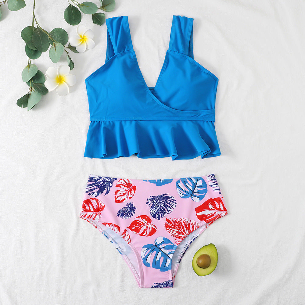 Damen Bademoden Set mit Rüschen und buntem Blatt-Muster Heidi-Mode