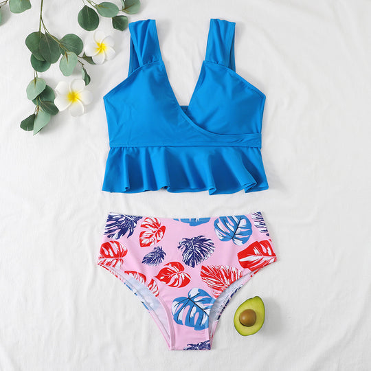Damen Bademoden Set mit Rüschen und buntem Blatt-Muster Heidi-Mode
