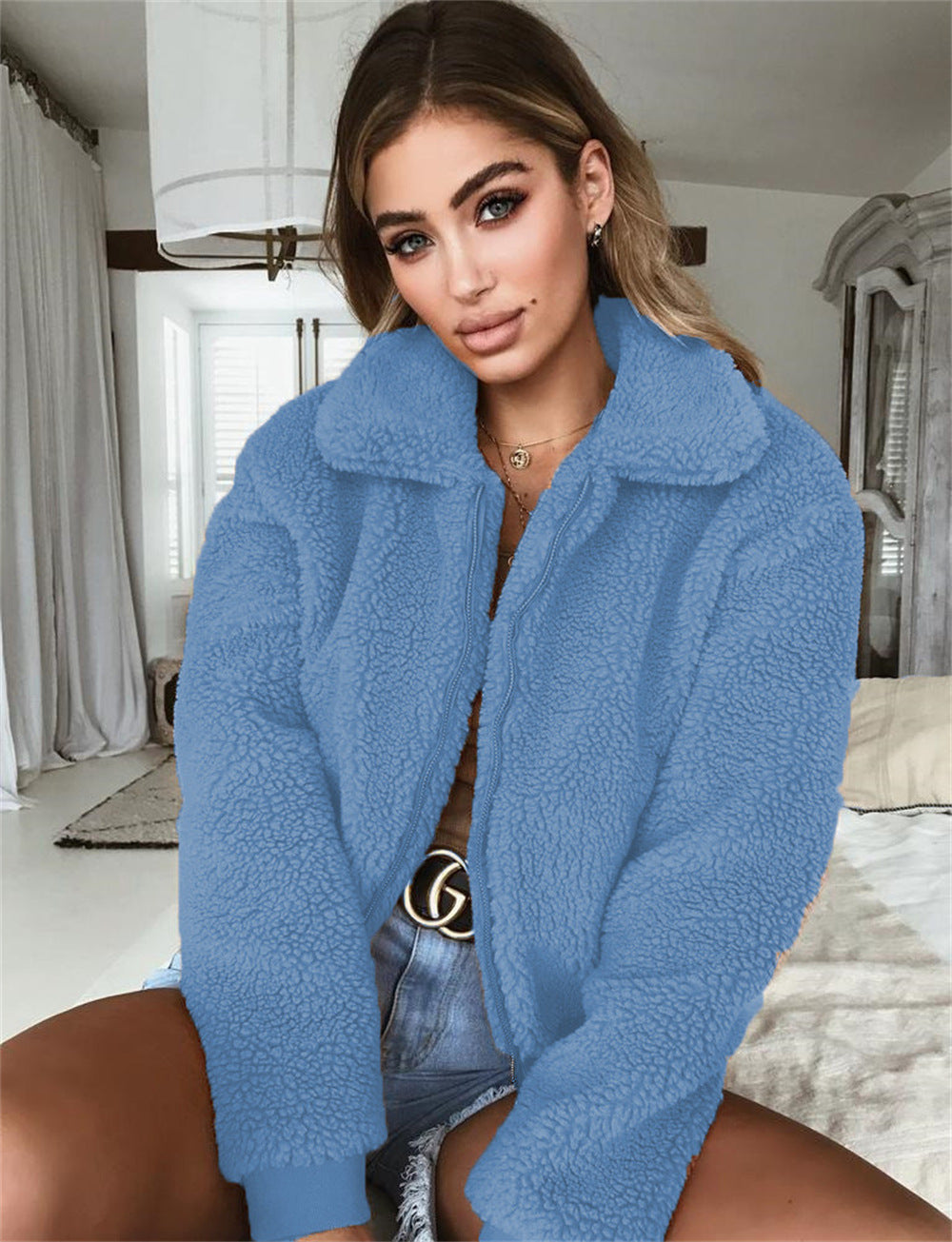 Damen Kuschelige Teddyjacke mit hohem Kragen Heidi-Mode