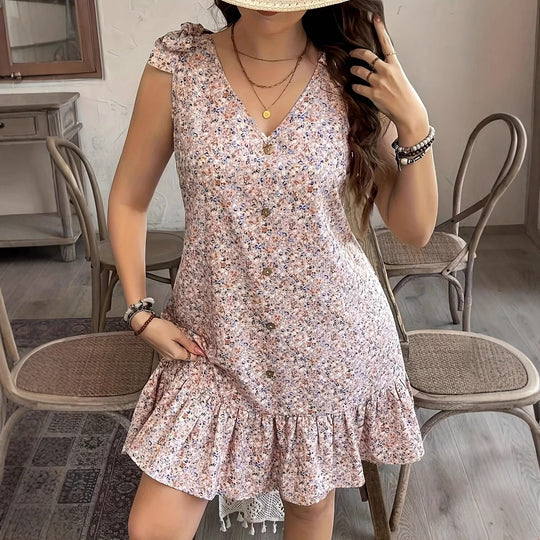 Damen kurzes Sommerkleid mit Rüschendetails und Knopfleiste Heidi-Mode