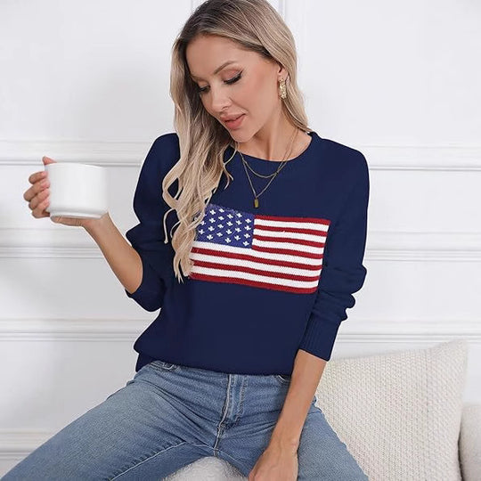 Damen Strickpullover mit Flaggenmotiv und lässigem Schnitt Heidi-Mode