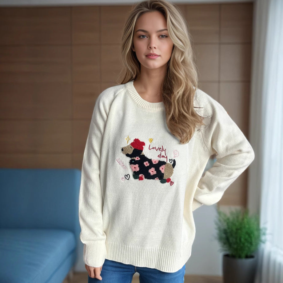 Damen Pullover mit tierischem Motiv und dekorativen Stickereien Heidi-Mode
