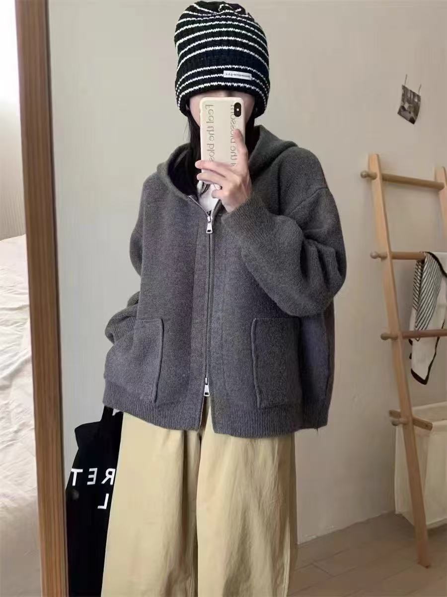 Damen Casual Oversized Strickjacke mit Kapuze und Taschen Heidi-Mode