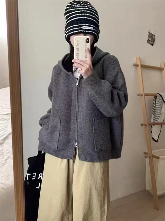 Damen Casual Oversized Strickjacke mit Kapuze und Taschen Heidi-Mode