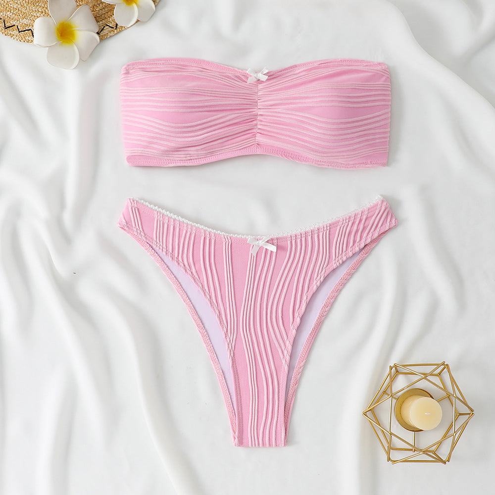 Damen Bandeau-Bikini Set mit raffinierten Falten und zierlichem Schleifenakzent Heidi-Mode