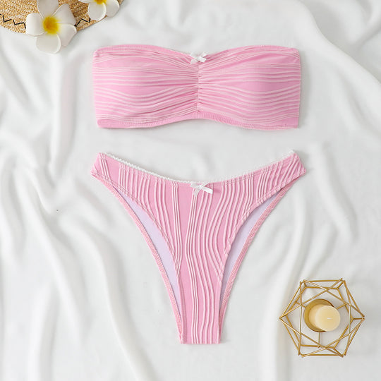 Damen Bandeau-Bikini Set mit raffinierten Falten und zierlichem Schleifenakzent Heidi-Mode