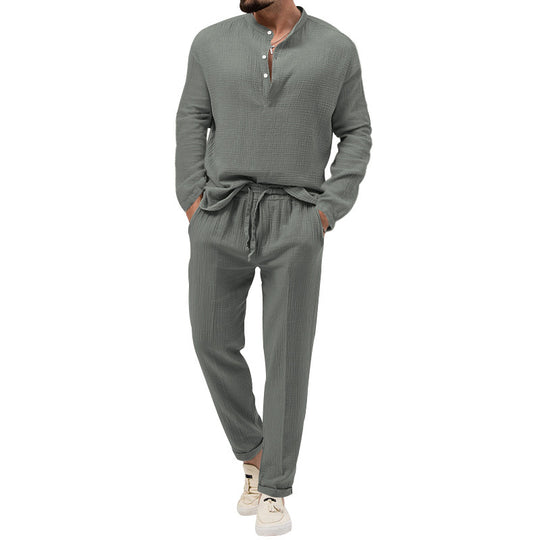 Herren Freizeit-Set aus atmungsaktivem Material mit Knopfleiste und elastischem Bund Heidi-Mode