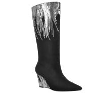 Damen Hochglanz Spitz-Zehen Keilstiefel mit metallischen Fransenverzierungen Heidi-Mode