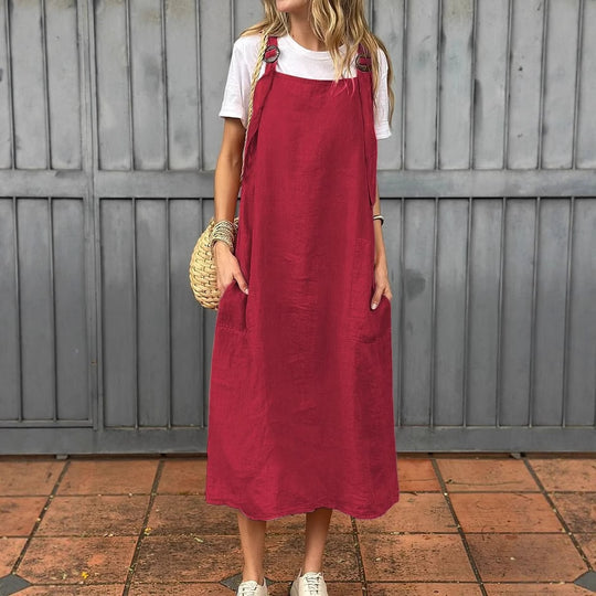 Damen Lässiges Leinen-Latzkleid mit praktischen Seitentaschen und verstellbaren Trägern Heidi-Mode