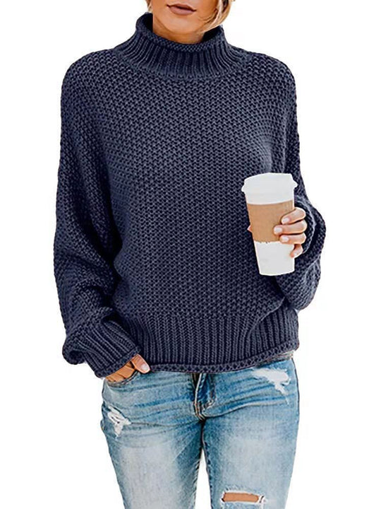 Damen lässiger Strickpullover mit hohem Kragen und strukturierter Oberfläche Heidi-Mode