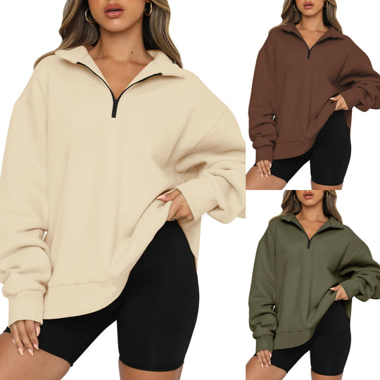 Damen Oversized Sweatshirt mit kurzem Reißverschluss und lässigem Schnitt Heidi-Mode