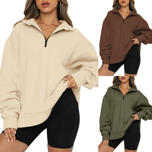 Damen Oversized Sweatshirt mit kurzem Reißverschluss und lässigem Schnitt Heidi-Mode