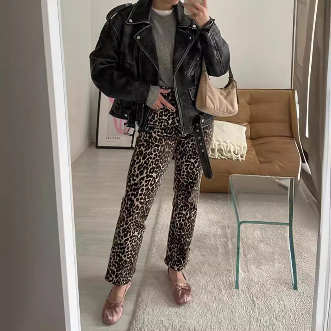 Damen Leo-Print Jeanshose mit hoher Taille und geradem Schnitt Heidi-Mode