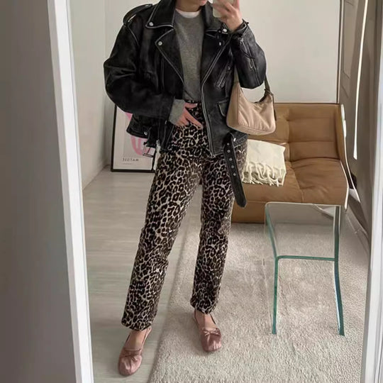 Damen Leo-Print Jeanshose mit hoher Taille und geradem Schnitt Heidi-Mode