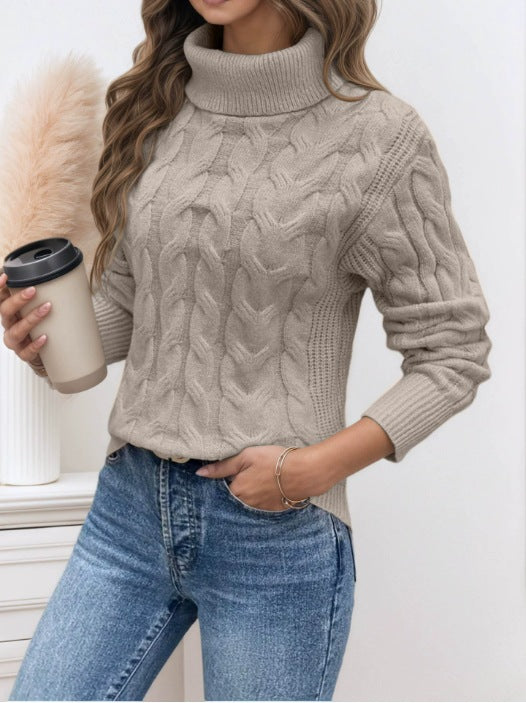 Damen Strickpullover mit hohem Kragen und Zopfmuster Heidi-Mode