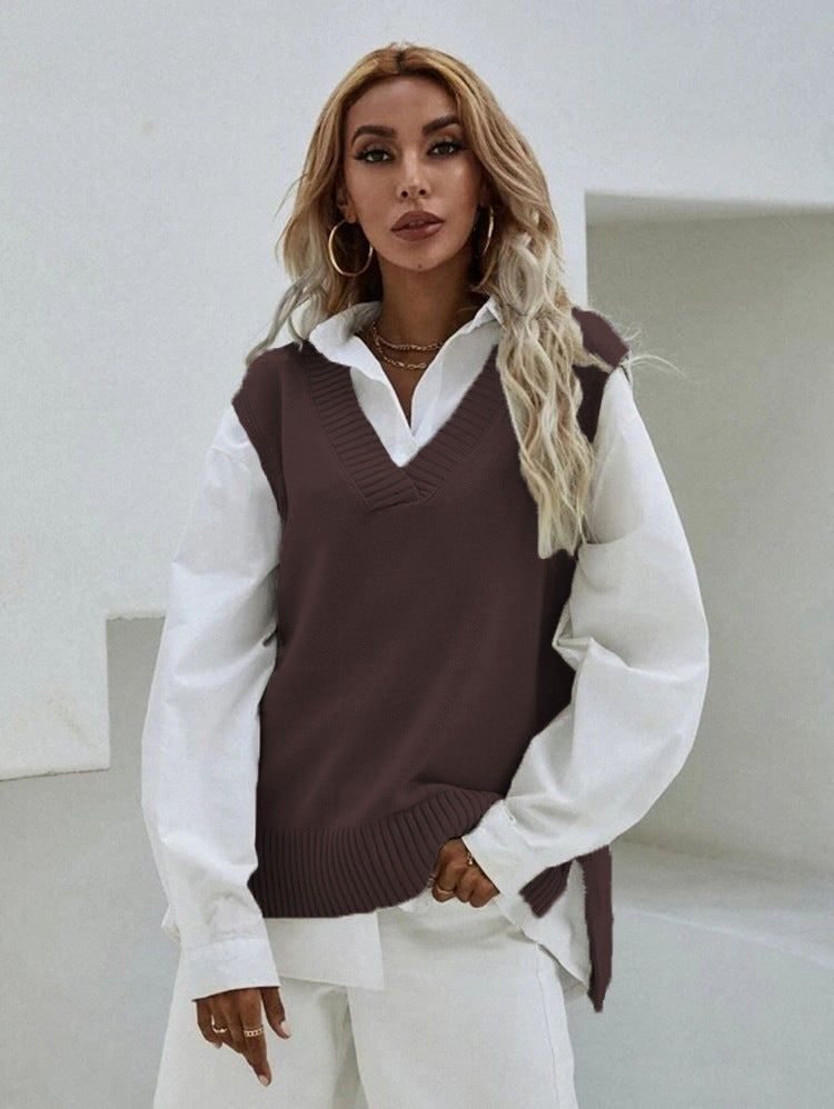 Damen Strickweste mit V-Ausschnitt und feinen Rippstrukturen Heidi-Mode