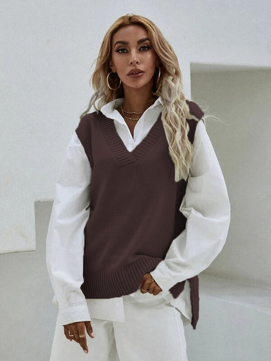 Damen Strickweste mit V-Ausschnitt und feinen Rippstrukturen Heidi-Mode