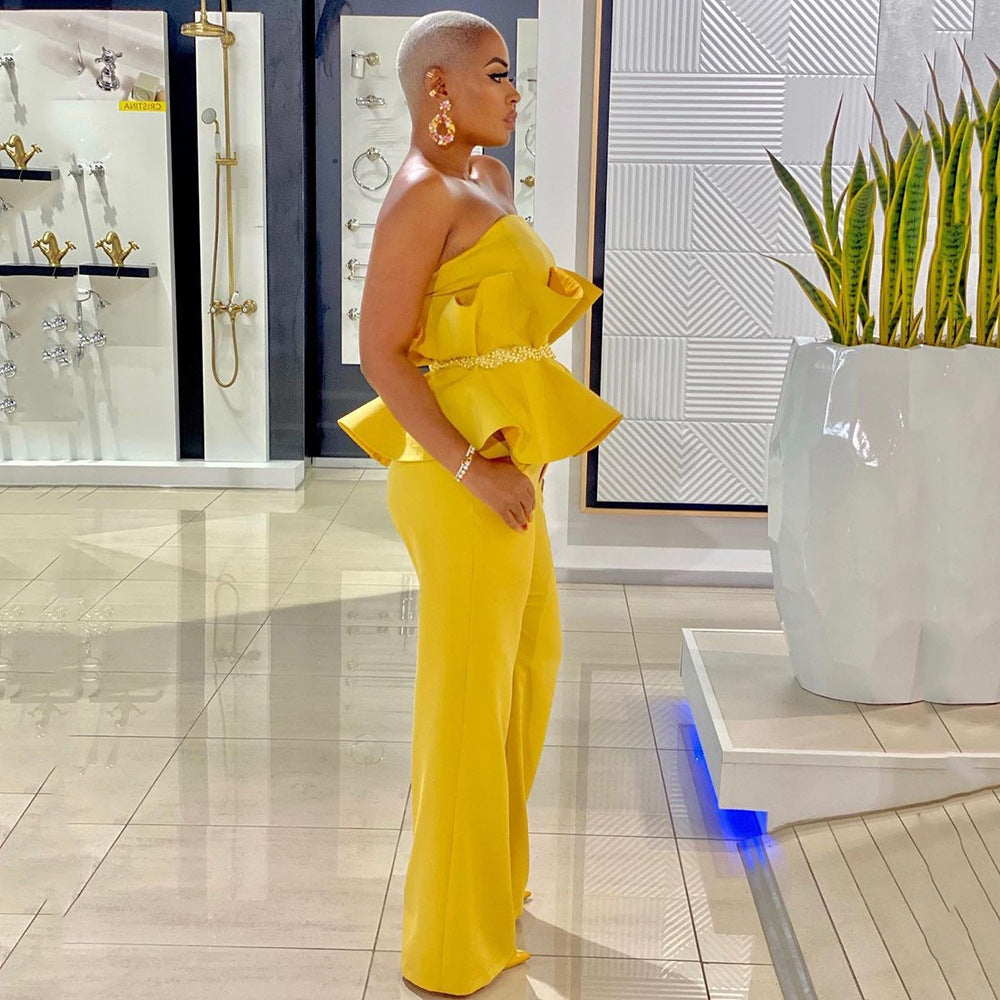 Damen Peplum Jumpsuit mit elegantem Oberteil und weiten Beinen Heidi-Mode