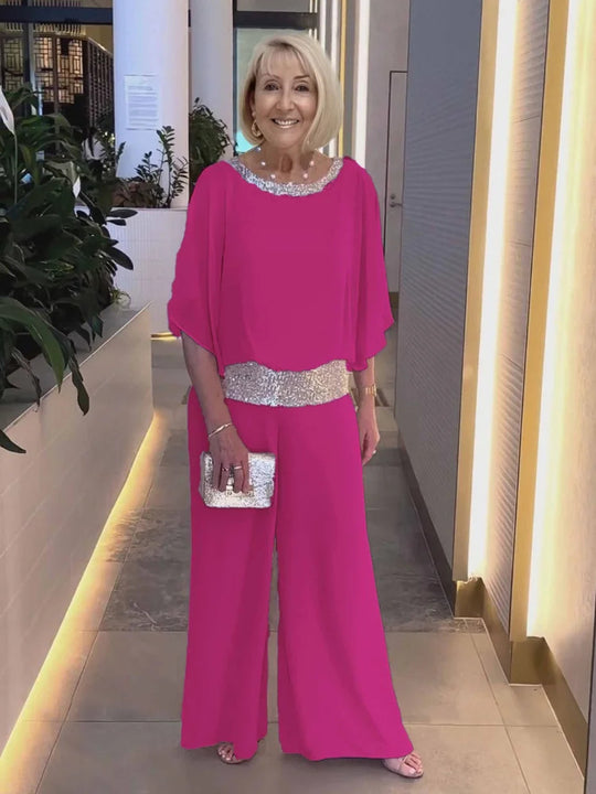 Damen Eleganter Jumpsuit mit schimmerndem Oberteil und weitem Bein Heidi-Mode