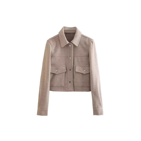 Damen kurze Wolljacke im klassischen Stil mit aufgesetzten Taschen Heidi-Mode