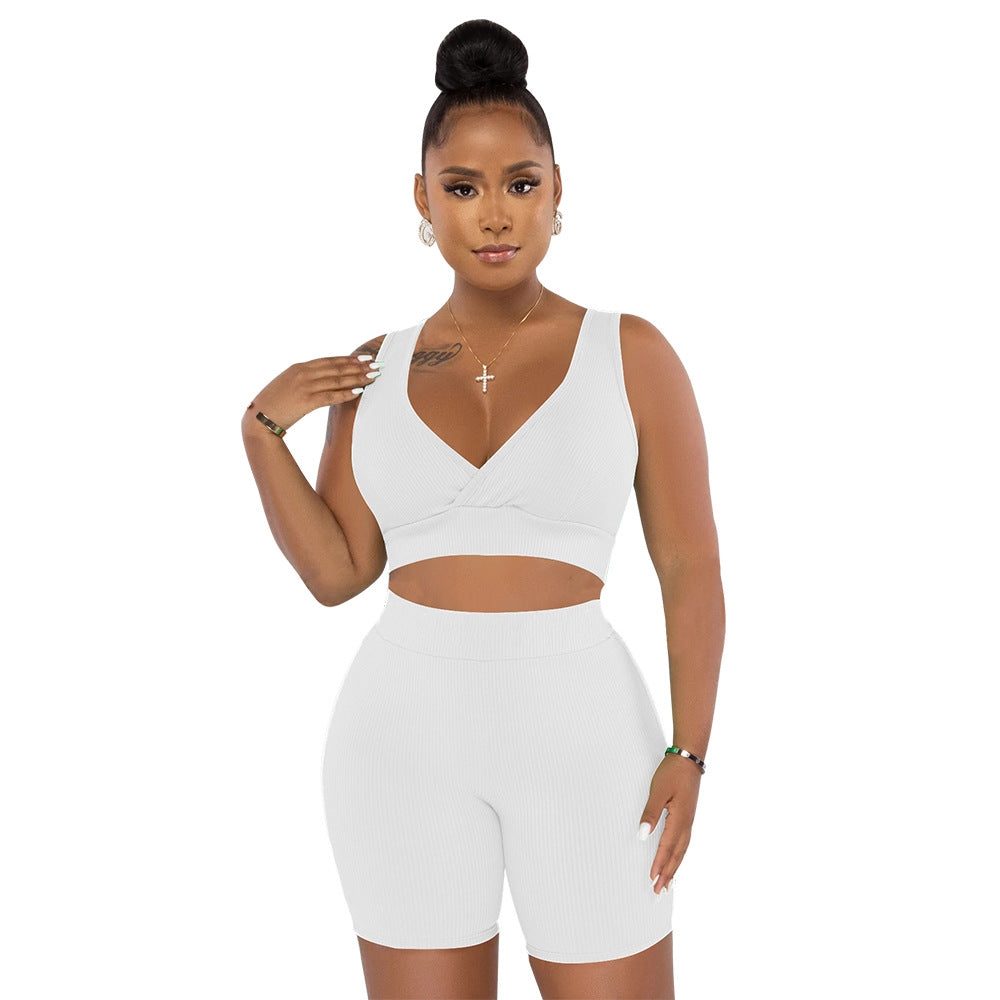 Damen Sportliches Set aus Cropped Oberteil und Radlerhosen mit Rippstruktur Heidi-Mode