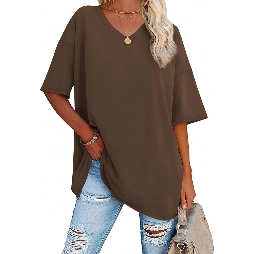 Damen Oversized T-Shirt mit V-Ausschnitt und seitlichen Schlitzen Heidi-Mode