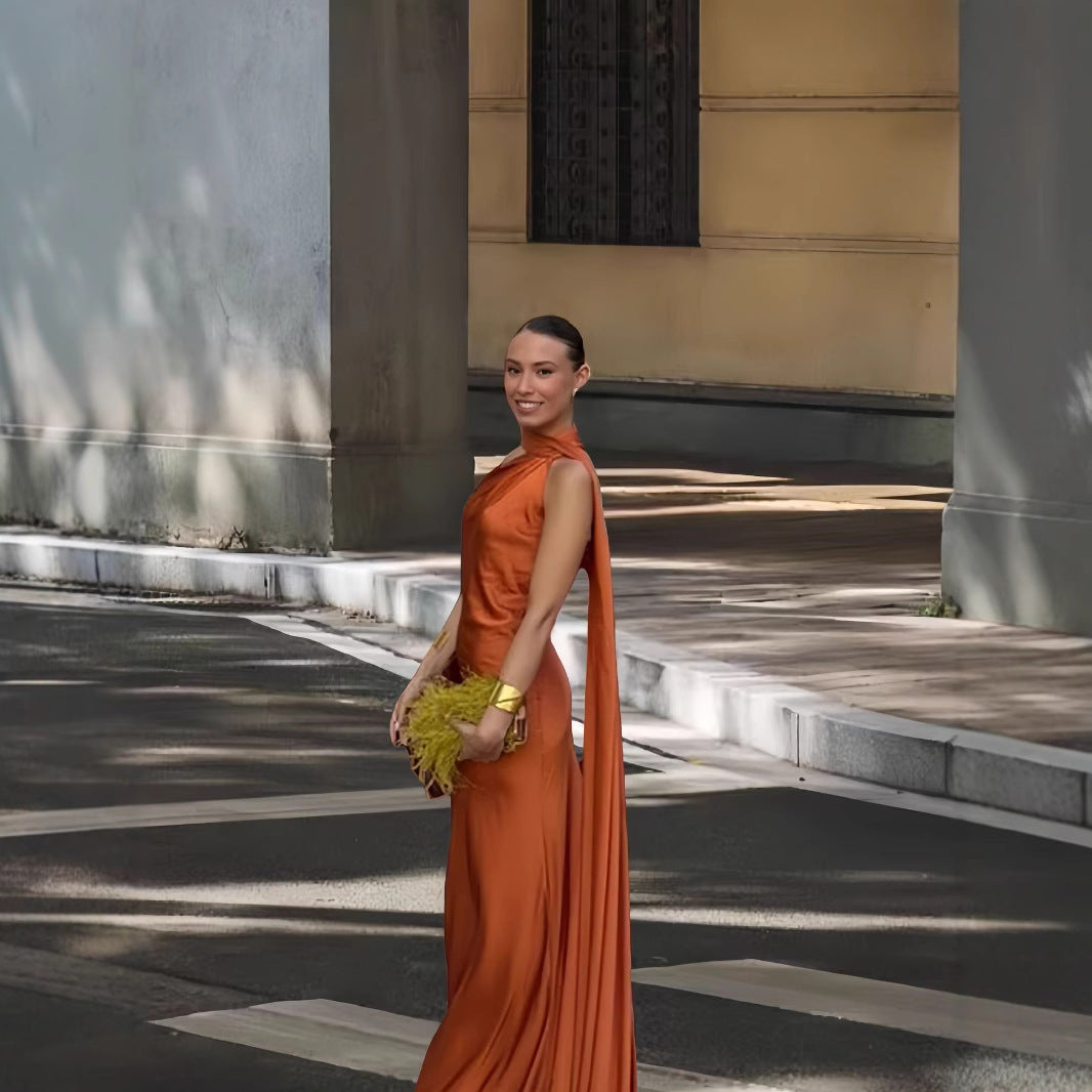 Damen Elegantes und fließendes Abendkleid mit asymmetrischem Ausschnitt Heidi-Mode