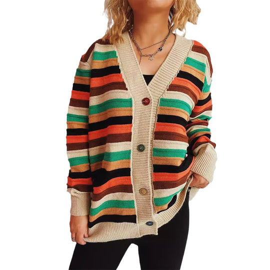 Damen Strickjacke mit buntem Streifenmuster und knöpfbarem Design Heidi-Mode
