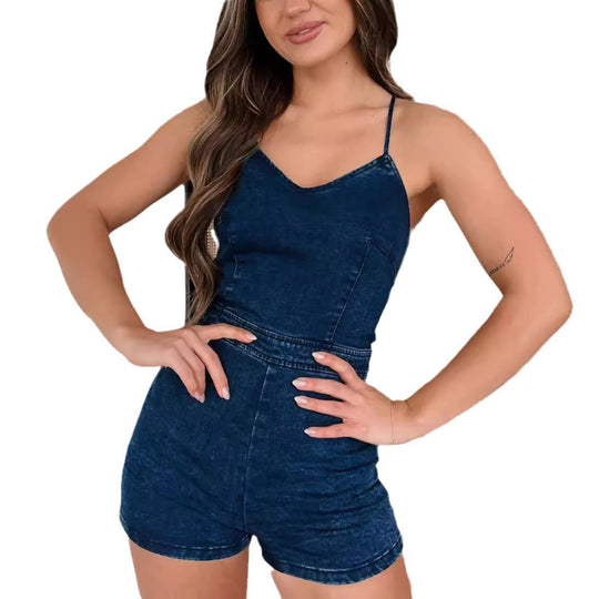 Heidi-Mode | Sexy Träger Rückenausschnitt Bindung Denim Overall Shorts