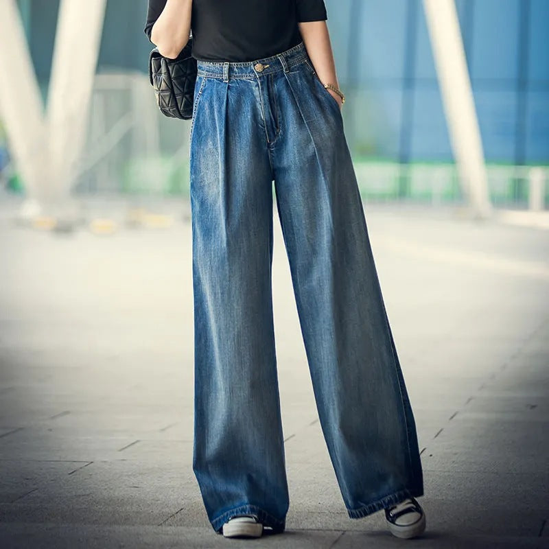 Damen Weite Denim-Hose im lässigen Hochbund-Stil Heidi-Mode