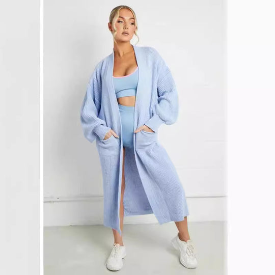 Damen Langer Strickmantel mit großzügigen Taschen Heidi-Mode