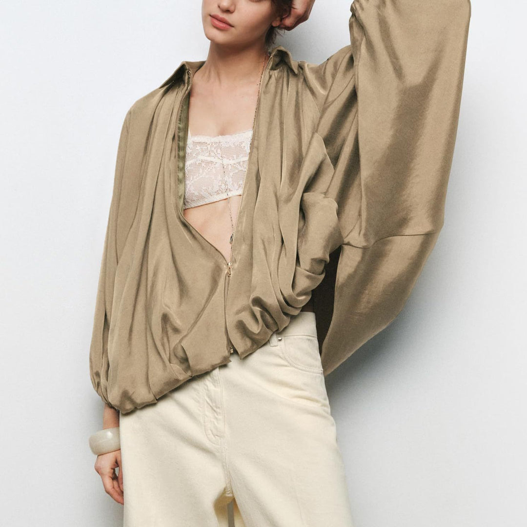 Damen Oversize Satinjacke mit Reißverschluss und elastischem Bündchen Heidi-Mode