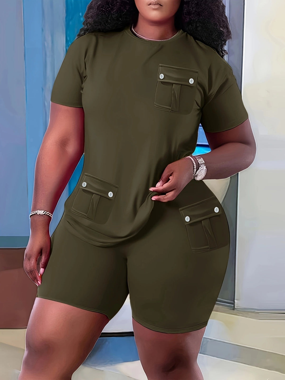 Damen Sportliches Kurzarm-Set mit praktischen Taschen Heidi-Mode