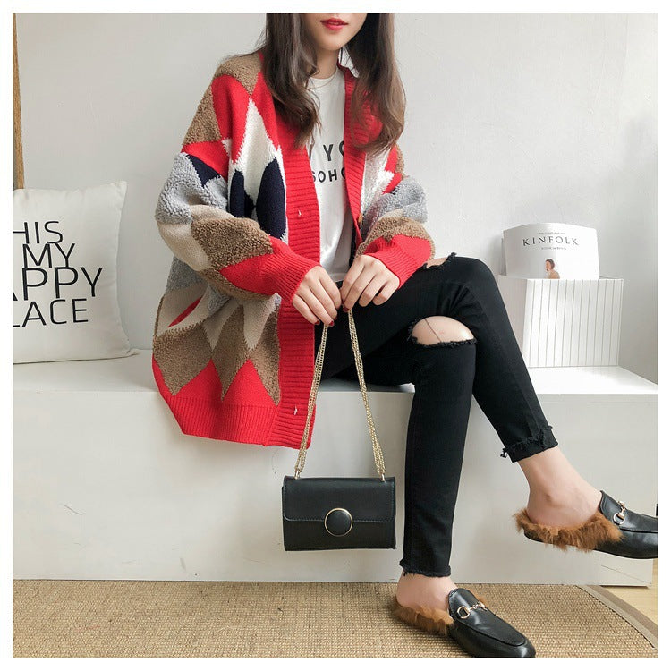 Damen Grobstrick Cardigan mit geometrischem Muster und großen Taschen Heidi-Mode