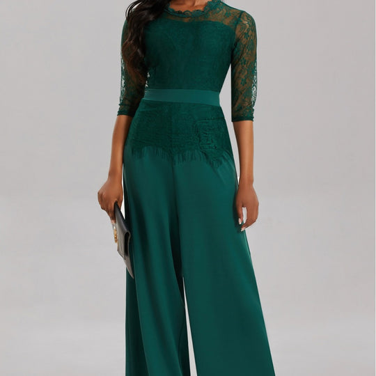 Damen Eleganter Jumpsuit mit Spitzenärmeln und weitem Bein Heidi-Mode