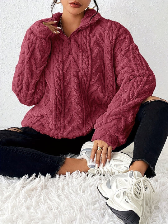 Damen Fleece Pullover mit hohem Kragen und strukturiertem Design Heidi-Mode