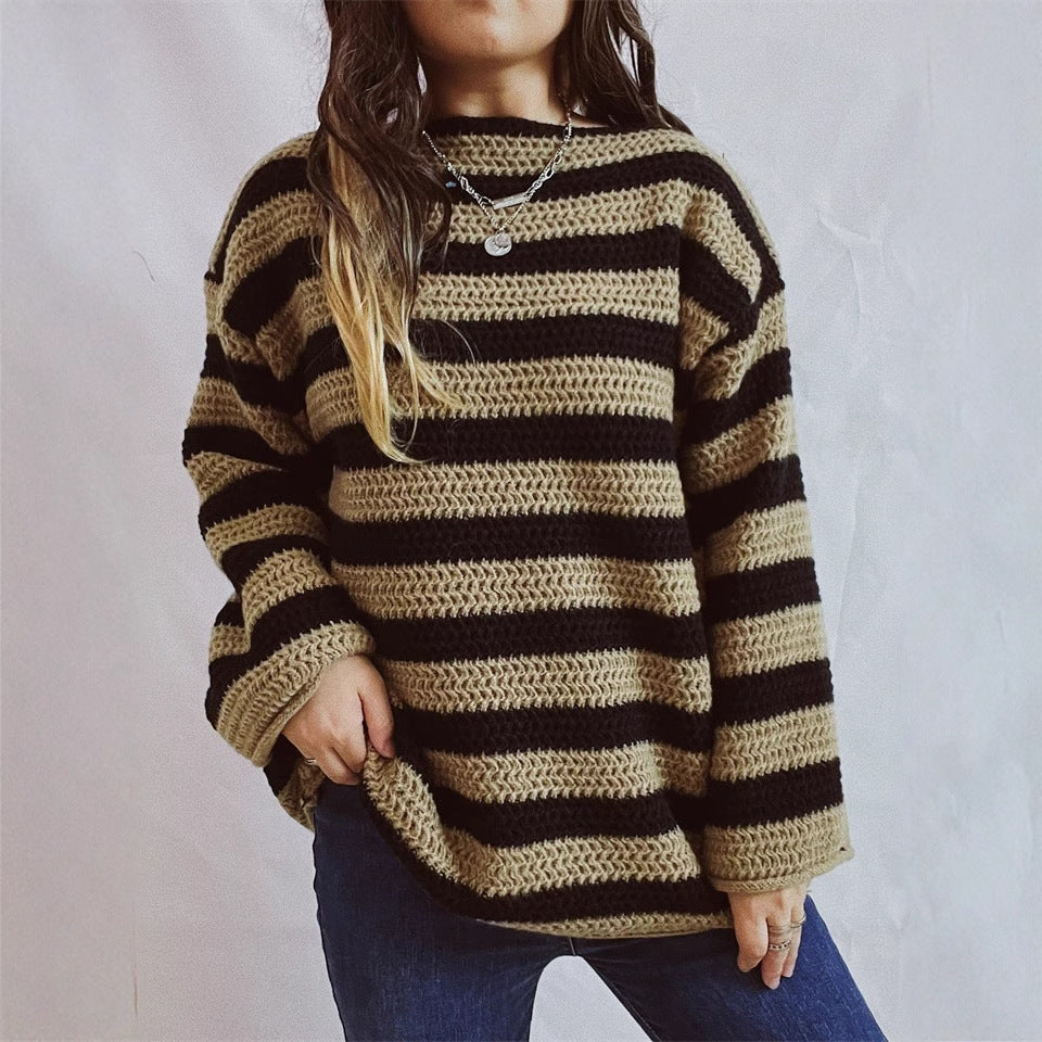 Damen lässiger Strickpullover mit kontrastierenden Streifen und weitem Schnitt Heidi-Mode