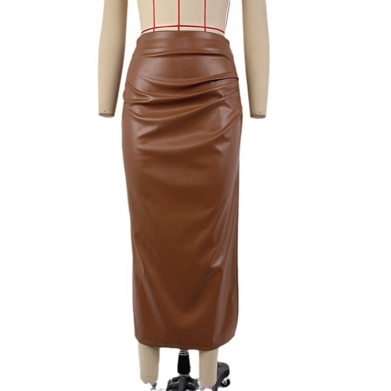 Damen Kunstleder Maxirock mit drapiertem Design und bequemem Saum Heidi-Mode