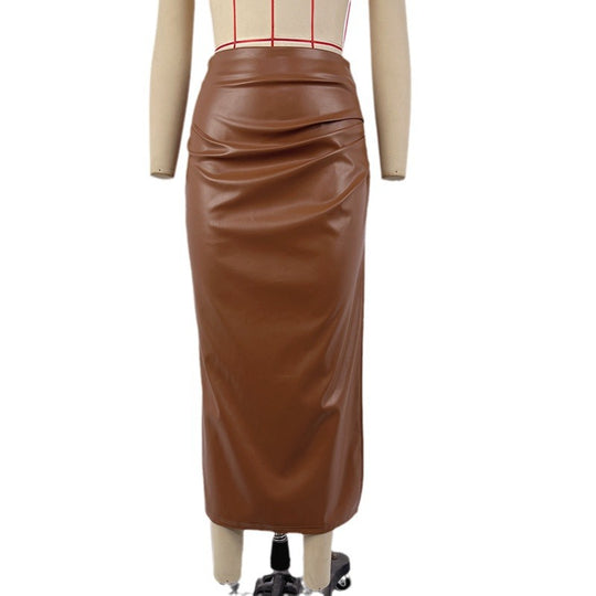 Damen Kunstleder Maxirock mit drapiertem Design und bequemem Saum Heidi-Mode