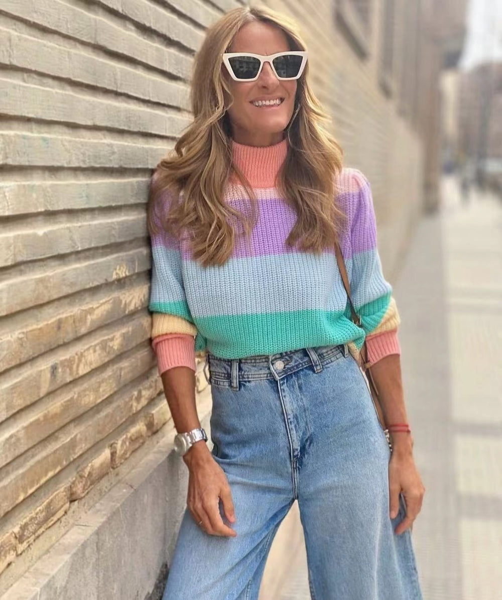 Damen Kurzarm Strickpullover mit hohem Kragen und buntem Streifenmuster Heidi-Mode