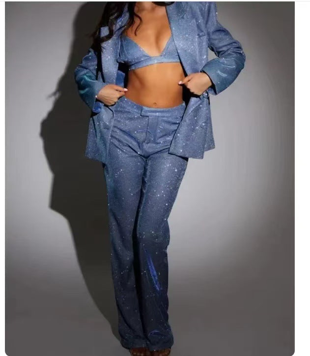Damen Glitzerndes Anzugset mit Crop-Top und Flared Pants Heidi-Mode