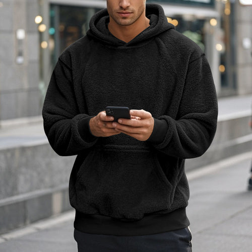 Herren Hoodie aus kuscheligem Teddy-Fleece mit Kängurutasche und breiten Bündchen Heidi-Mode