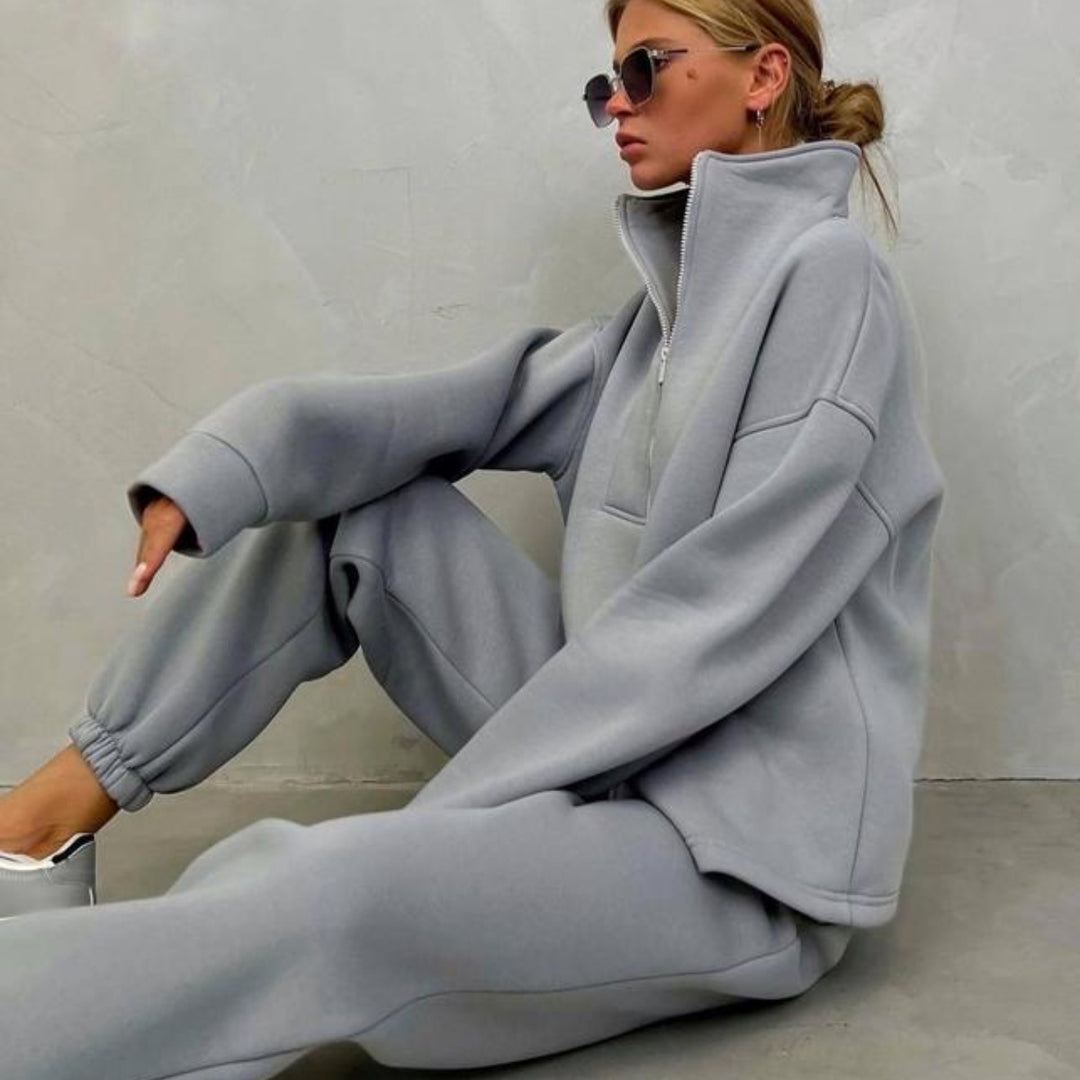 Damen sportlicher Fleece-Pullover und Jogginghose-Set mit hohem Kragen Heidi-Mode