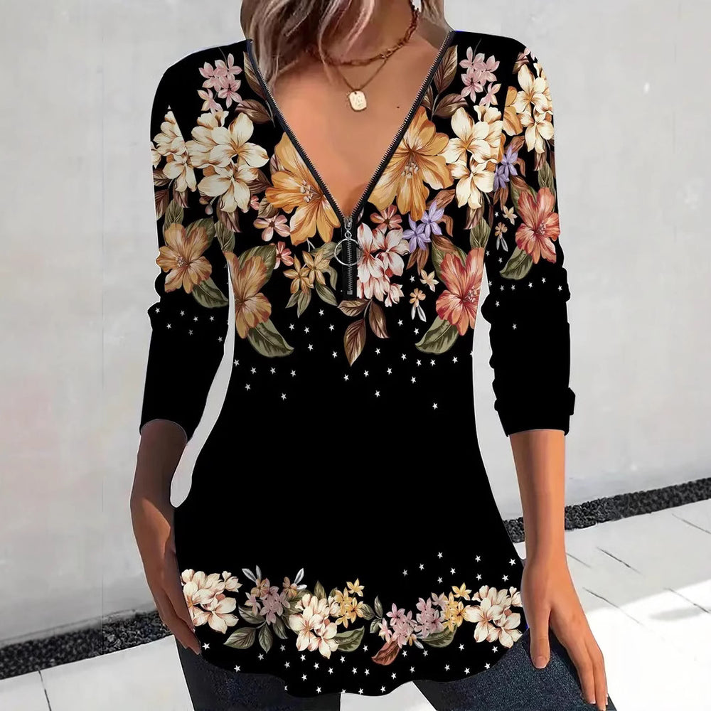 Damen Langarmshirt mit Reißverschluss und floralem Muster Heidi-Mode