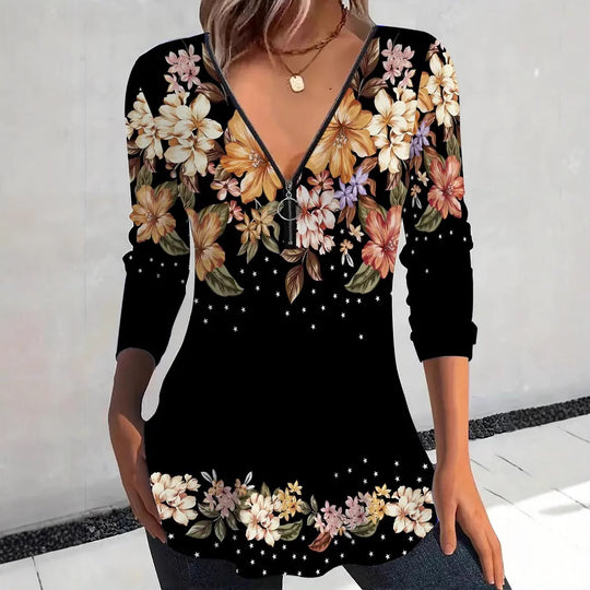 Damen Langarmshirt mit Reißverschluss und floralem Muster Heidi-Mode