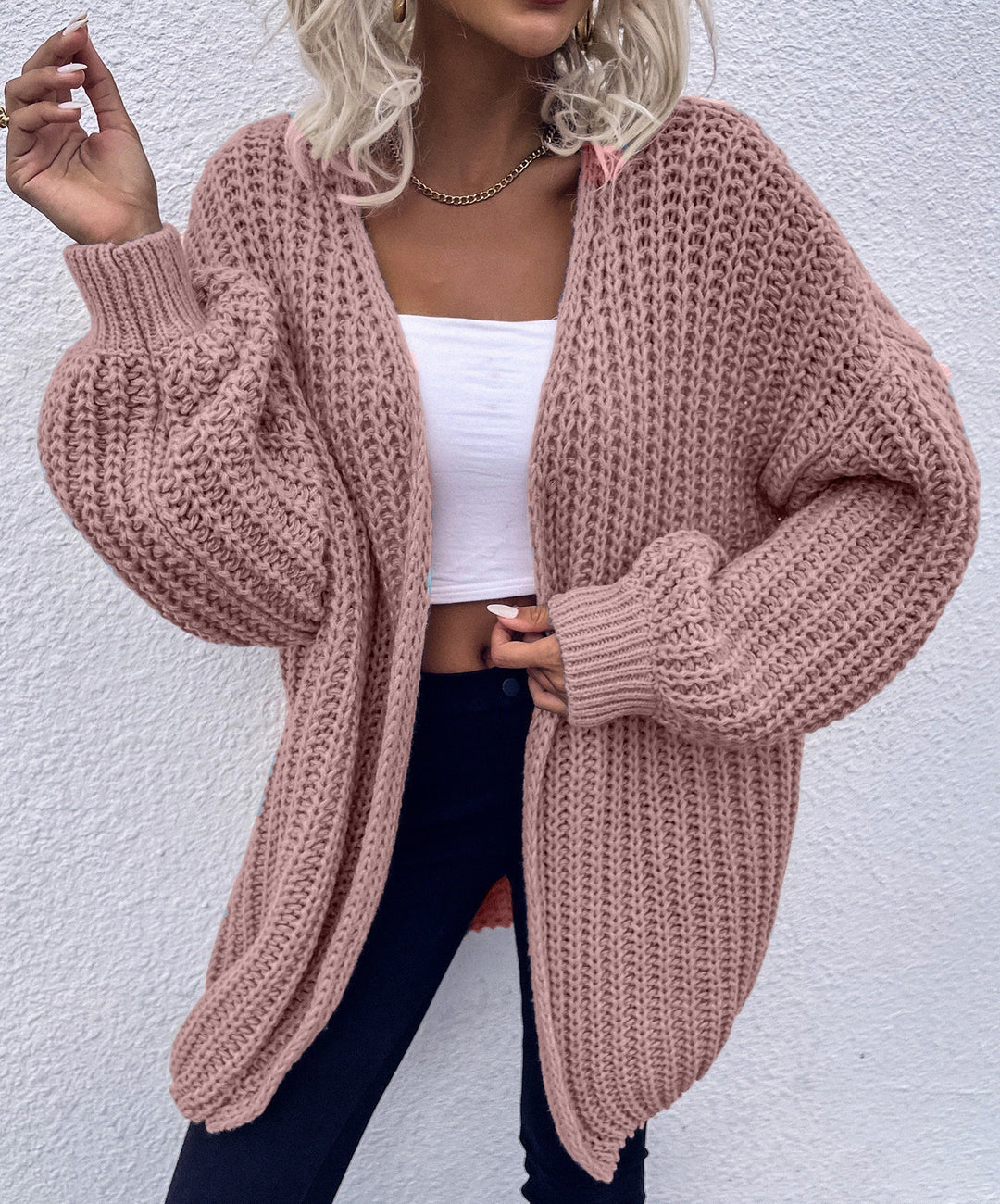 Damen lässiger Grobstrick-Cardigan mit tiefen Taschen und voluminösen Ärmeln Heidi-Mode
